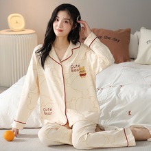 秋冬季新款纯棉睡衣女翻领开衫长袖长裤两件套韩版休闲女士家居服