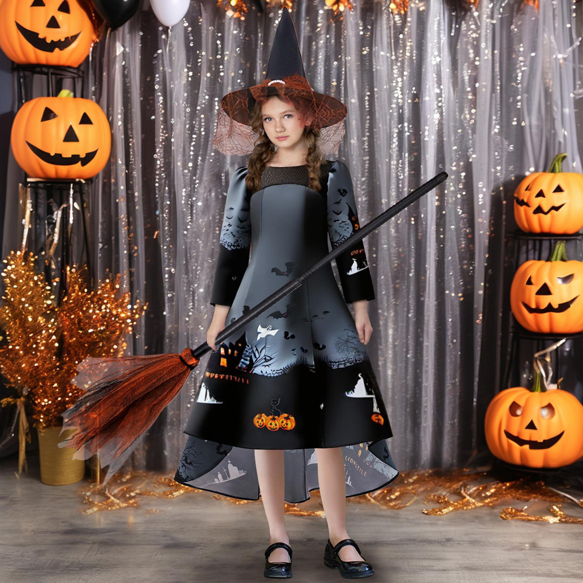 Nuevo cross-border Halloween impresión coswear vestido de satin de manga larga niñas Halloween vestido largo