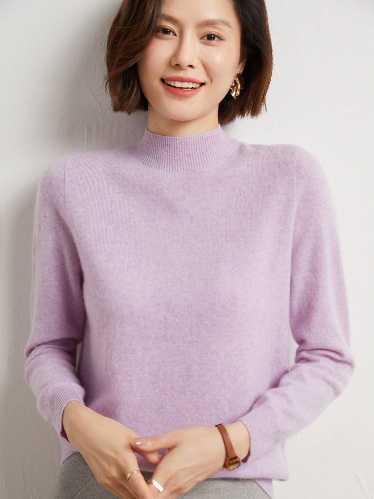 100%純毛セーター、ワンライン仕立て、シームレス、女性用ハーフタートルネック、ゆったりとしたニットセーター、シンプルな通勤スタイル