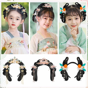 Children's Han Dynasty Wig, Ancient Costume All-In-One Hair Hoop, Ancient Style Wig, Girl's Styling Hair Accessories, Bun Headdress