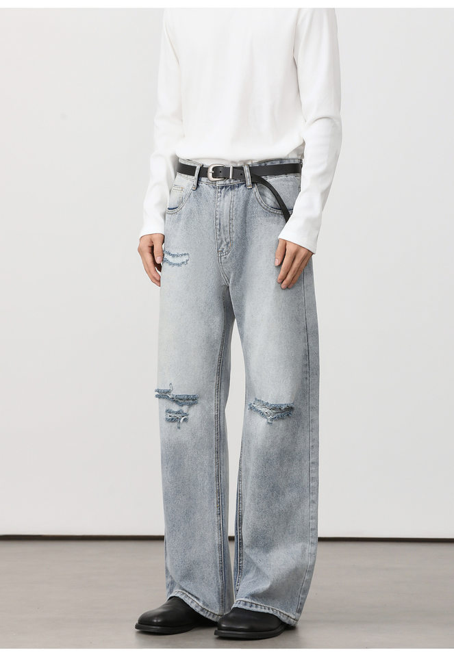 Quần jean nam ống loe nhẹ rách gối phong cách retro, dáng rộng ống suông tôn dáng, quần dài casual — Xanh nhạt, Xanh đậm chi tiết 34