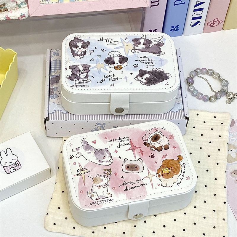 オリジナル漫画猫と犬のジュエリー収納ボックスポータブルイヤリングネックレストラベルレザーハイエンドジュエリーバッグ|undefined