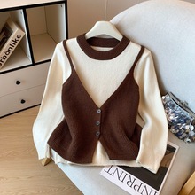 十三行拼接打底衫撞色2025秋装新款假两件长袖简约通勤风上衣针织