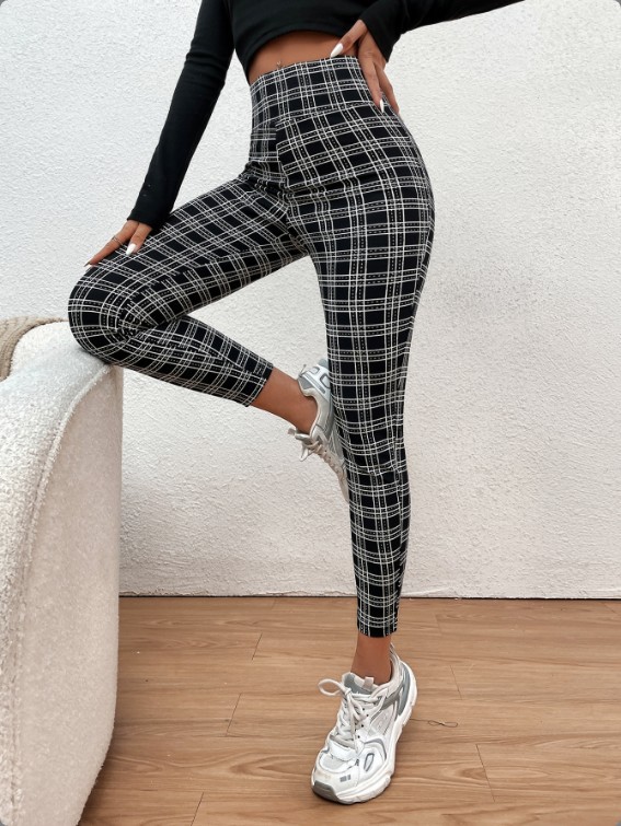 High-Waist Houndstooth Tight-Fitting Hip-Lifting Slim Pants NSGXY98357