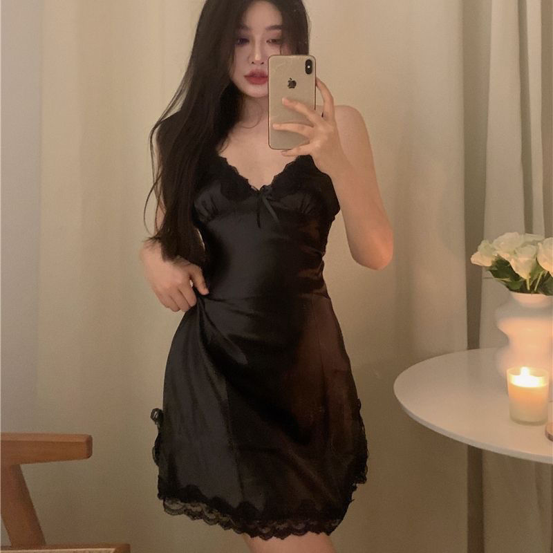 (2개) 퓨어 디자이어 스타일 여름 2024년 새 스타일 가슴 패드 서스펜더 나이트가운 파자마 여성 얇은 얼음 실크 레이스 레이스 드레스