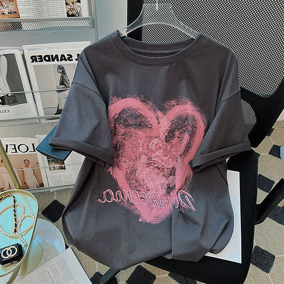 Foreign Trade 200g Cotton Short-sleeved T-shirt Women's Summer American Love Printed Large Size Loose All-match Casual Top