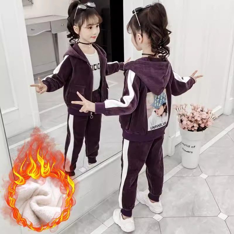 Girls' Corduroy Set, Stylish Spring/Autumn Set for Medium and Large Children, Popular Autumn/Winter Korean Style Two-Piece Set