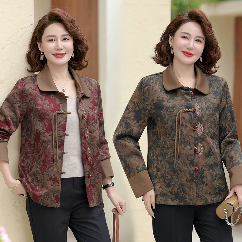 Весна 2025 г. Новая одежда для мам среднего возраста с отложным воротником и вышивкой для среднего и пожилого возраста. Жаккардовый удобный универсальный топ, повседневный стильный.