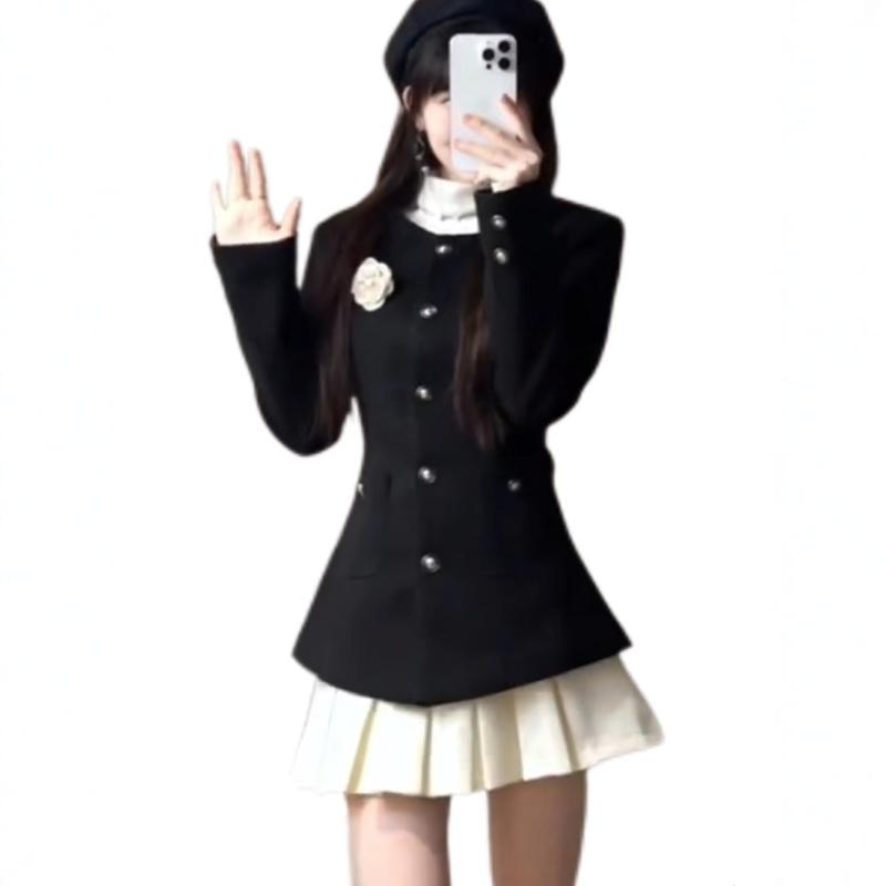 인간 동백 양모 면화 허리 재킷 주름 치마 여성 가을 겨울 새로운 부자 가족 천 골드 스타일 투피스 세트