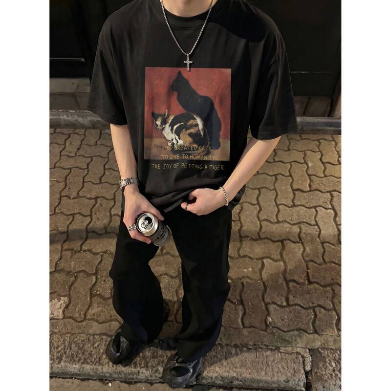 260g Sorona Cool Summer Men's Short-Sleeve T-Shirt with Vintage Cat Oil Painting, American Trendy Brand, Cool and Loose Fit 260g Sorona Cool Summer Men's Short-Sleeve T-Shirt with Vintage Cat Oil Painting, American Trendy Brand, Cool and Loose Fit
