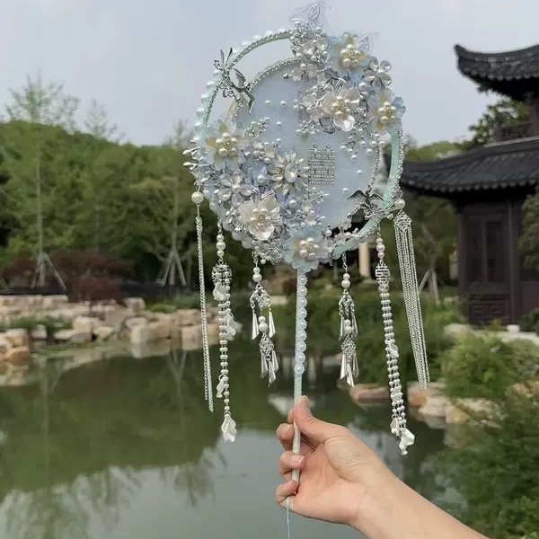 蓝色秀禾团扇小红书同款新娘扇子结婚高档团扇喜扇diy团扇材料包|undefined