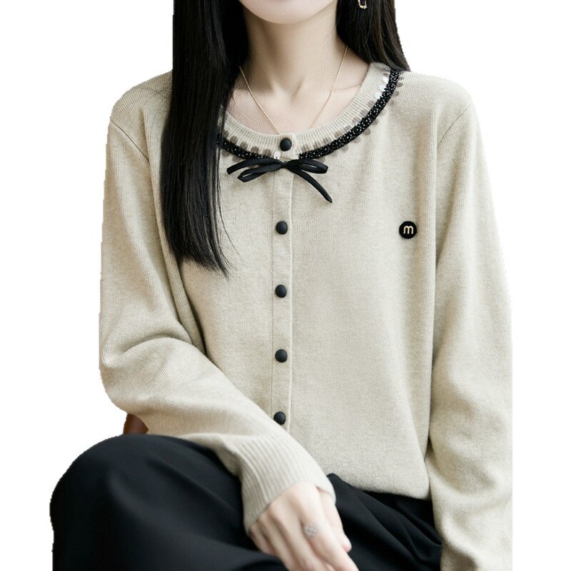 2025秋季新款蕾丝花边蝴蝶结单排扣毛衣开衫女气质针织毛衣上衣|undefined