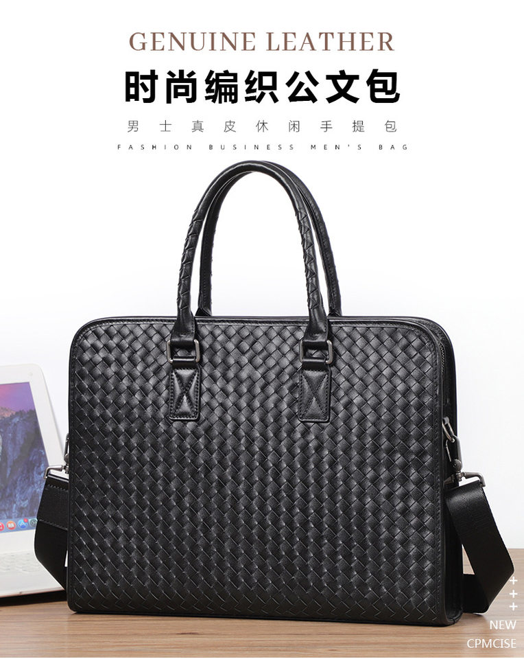 Túi xách nam da bò thật dệt tay cao cấp 40×13×29 cm, túi đeo vai công sở — Màu đen chi tiết 1