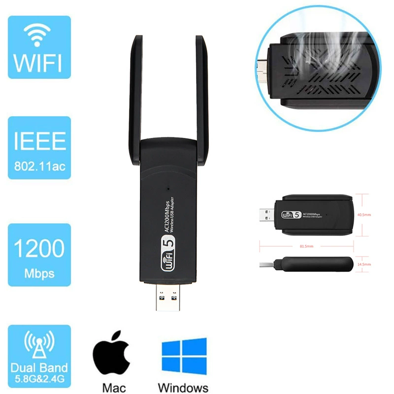 Сетевой адаптер 1200 м, беспроводная сетевая карта, приемник Wi-Fi, USB 3.0, двойная антенна, гигабитная дву- частотная беспроводная сеть