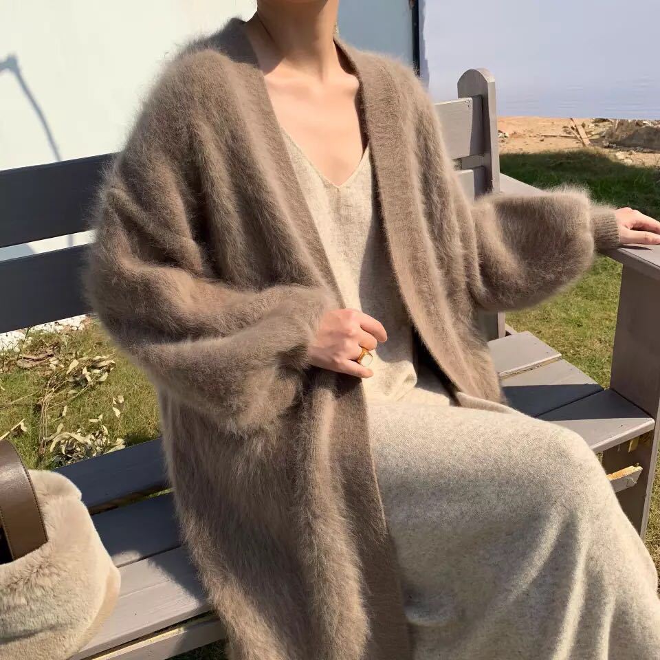 慵懒风长款过膝长毛水貂绒毛衣外套女宽松针织开衫宽松厚真毛泡袖