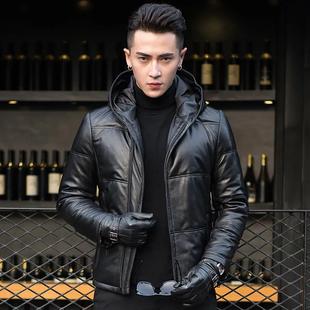 Winter New Haining Leather Jacket Men's Short Trendy Slim Jacket Hooded Thickened Men's Casual Jacket Trendy