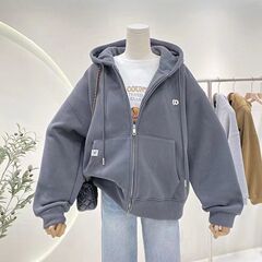 加绒加厚连帽卫衣女秋冬简约百搭宽松休闲oversize拉链开衫外套潮