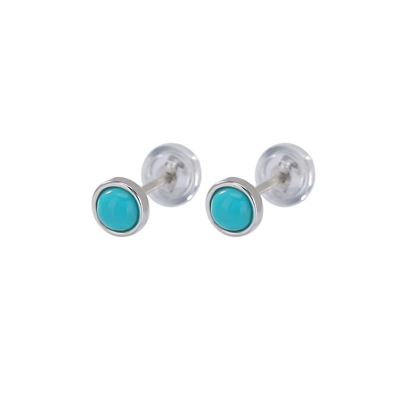 Bông tai bạc S925 hình tròn đính đá turquoise phong cách hình học nhỏ — một cặp