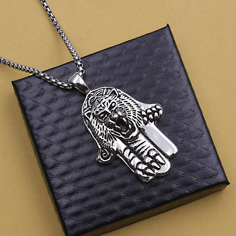 Tiger Head Palm Cross Titanium Pearl Necklace Stainless Steel Minimalist Sweater Chain_voghion.com
