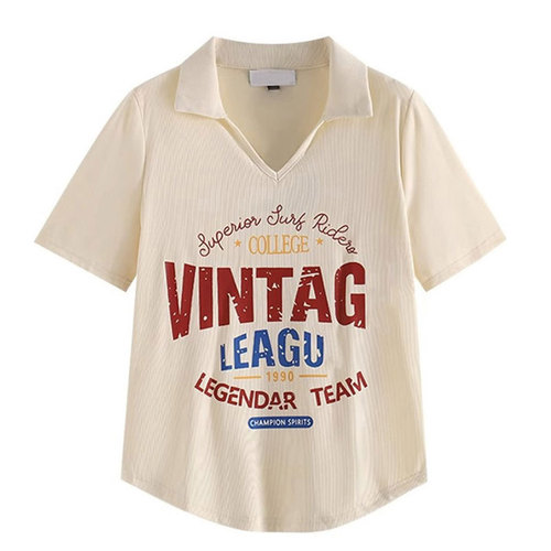 2025 summer v-neck front shoulder short-sleeved T-shirt for women's design niche waist-hugging slim short polo shirt hot girl top