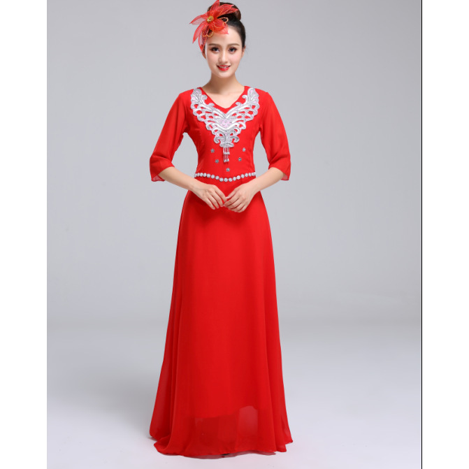 新款女士合唱服长裙合唱团服装舞台大合唱演出服团体合唱服装黄色|undefined