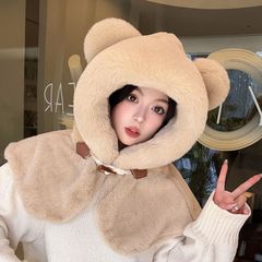 可爱小熊披肩帽子围巾手套一体女秋冬季保暖帽子披肩围巾三件套