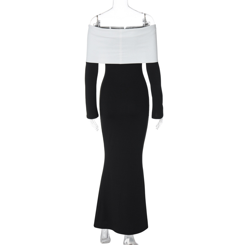 Women Clothing Autumn Winter Contrast Color off Shoulder Long Sleeve Waist Slimming Maxi Dress