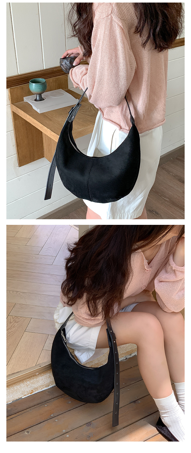 Suede autumn edition women, Japanese Korean niche hand-held dumpling bag, plush fashionable and simple new shoulder bag_voghion.com