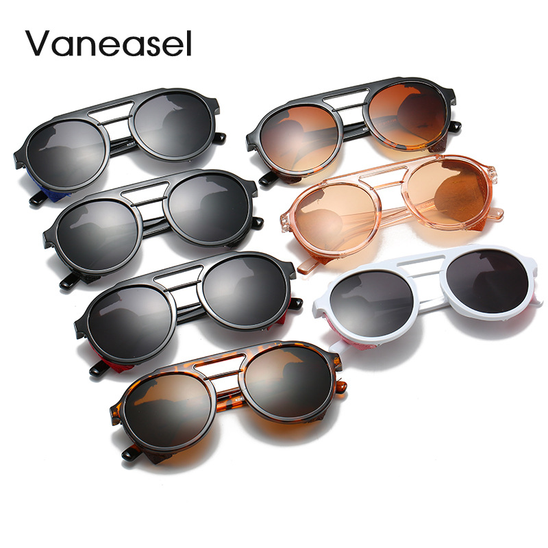 Fábrica al por mayor europea y americana ronda gafas de sol hombres gafas de sol de moda Steampunk imitación cuero doble haz gafas de sol 97042