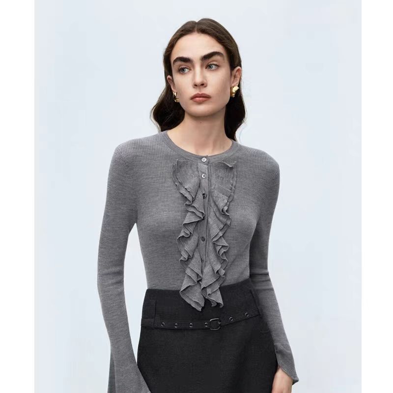 Langjia Wool Round Neck Knitwear Knitwear Ruffled Bell Sleeves Long-Sleeved Slim Bottoming Shirt 2025 Winter New Style