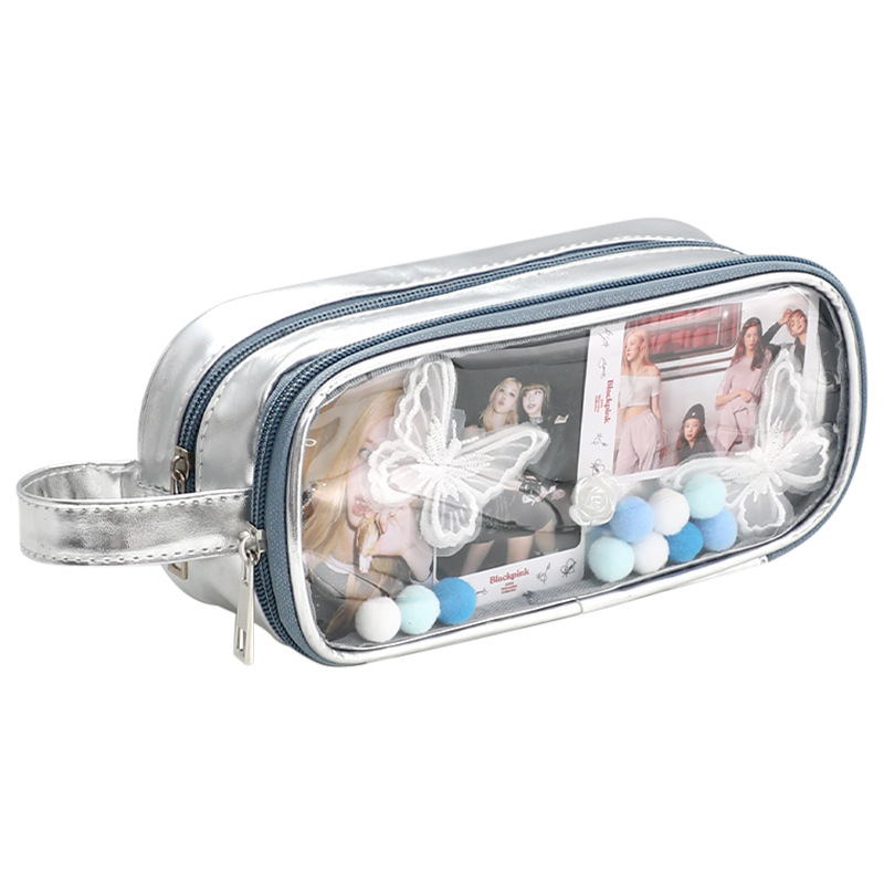 Bolsa de lápiz transparente de gran capacidad de la escuela secundaria niñas caja de papelería esmaltada plata multifuncional bolsas de dolor DIY láser brillante