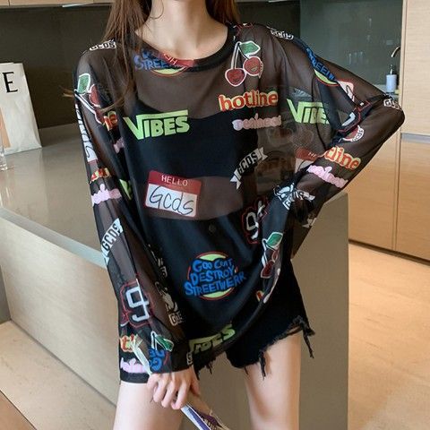 トムとジェリー アイスシルク日焼け止めブラウス Tシャツ レディース 夏 大きいサイズ ルーズ プルオーバー 長袖 薄手 メッシュ トップ|undefined