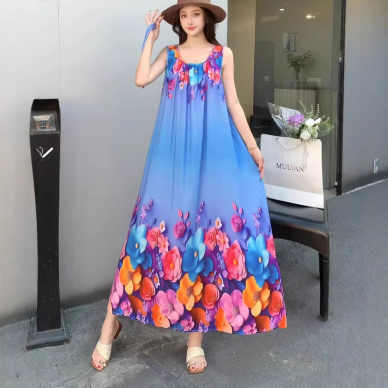 Summer Round Neck Sleeveless Vest Maternity Skirt Bohemian Floral Long Skirt Loose Plus Size Fat Girl Dress Summer Round Neck Sleeveless Vest Maternity Skirt Bohemian Floral Long Skirt Loose Plus Size Fat Girl Dress