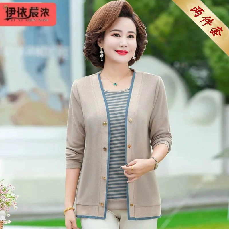 Весенне-осенний вязаный маминый костюм-двойка с короткими рукавами и шалью, модный простой вязаный пиджак для женщин среднего возраста, эластичный Топ