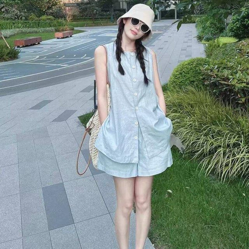 Льняной костюм-рубашка без рукавов для женщин, летний корейский стиль, модный и непринужденный жилет, шорты с эластичной резинкой на талии, комплект из двух предметов