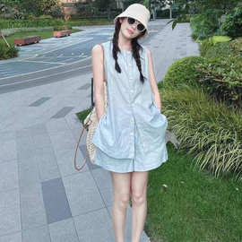 亚麻无袖衬衫套装女夏季韩系穿搭时髦松弛感马甲松紧腰短裤两件套