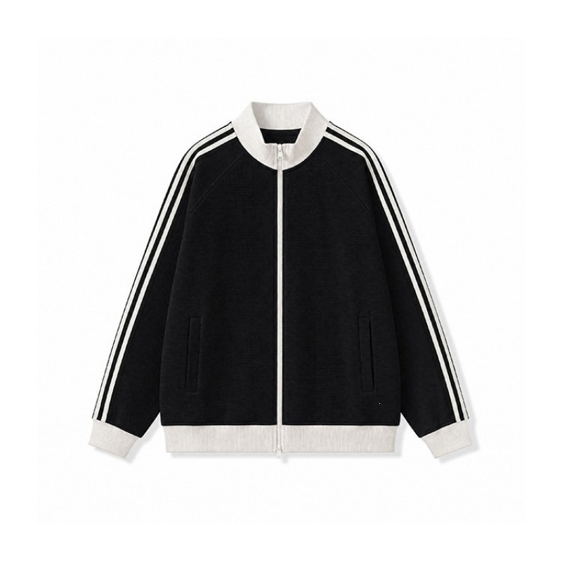 2026 Knitted Couple Casual Sporty Retro Loose Stand Collar Thin Jacket Style Waffle Knit Top, White and Blue