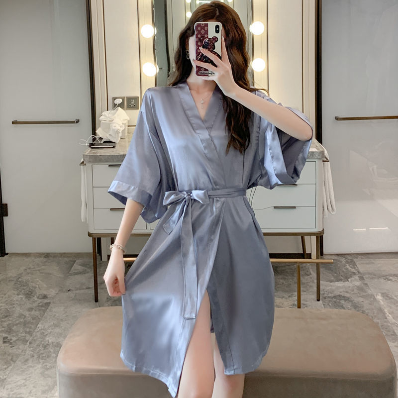 Camisón de otoño e invierno, dama de honor de seda de hielo femenino, bata de la mañana, bata de baño sexy, estilo de hotel, servicio a domicilio suelto de gran tamaño para damas