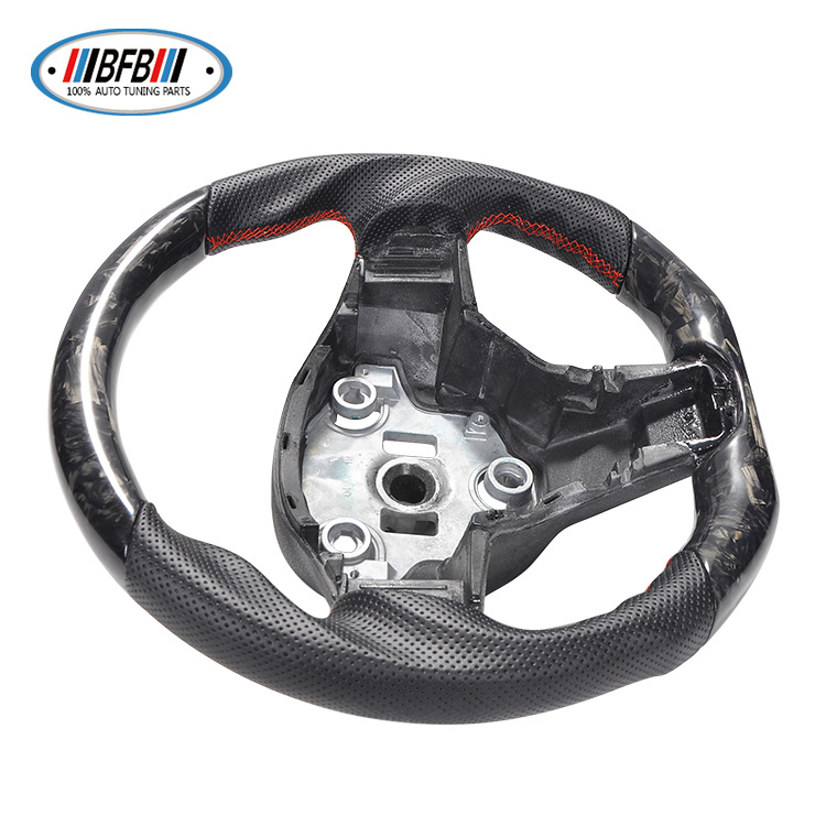 100% Real Carbon Fiber Forged Steering Wheel with Black Perforated Leather and Red Stitching - For Tesla Model Y - Modification