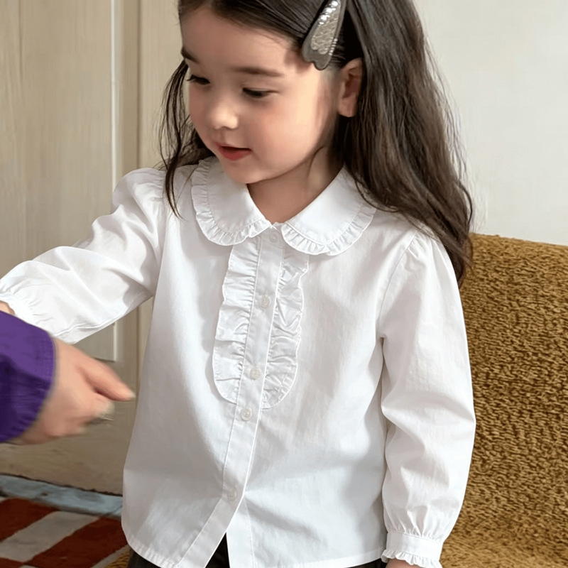 Children's White Shirt for Girls 2026 Spring and Autumn Long-Sleeve Shirt for Elementary School Students Round Neck Campus White Shirt for Children's Day Performance