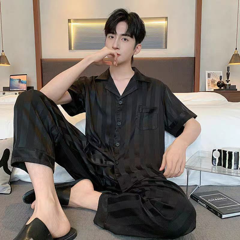 Reinforced Color Summer Korean Pajamas for Men 5050 Jacquard Stripesd Pure Color Ice Silk Short-Sleeved Pants Home Wear Set
