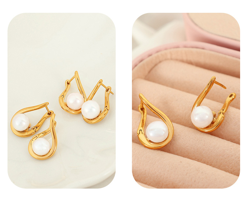8g Weight PVD Coated Gold Plating Process 1 Pair Retro Geometric Freshwater Pearl Titanium Steel Freshwater Pearl Drop Earrings