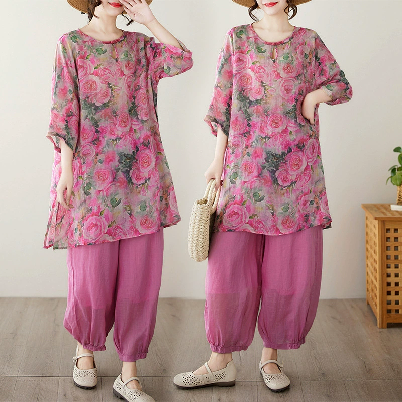 Реальный снимок #   2025 новый ретро новый китайский модный комплект: топ средней длины с принтом и шаровары