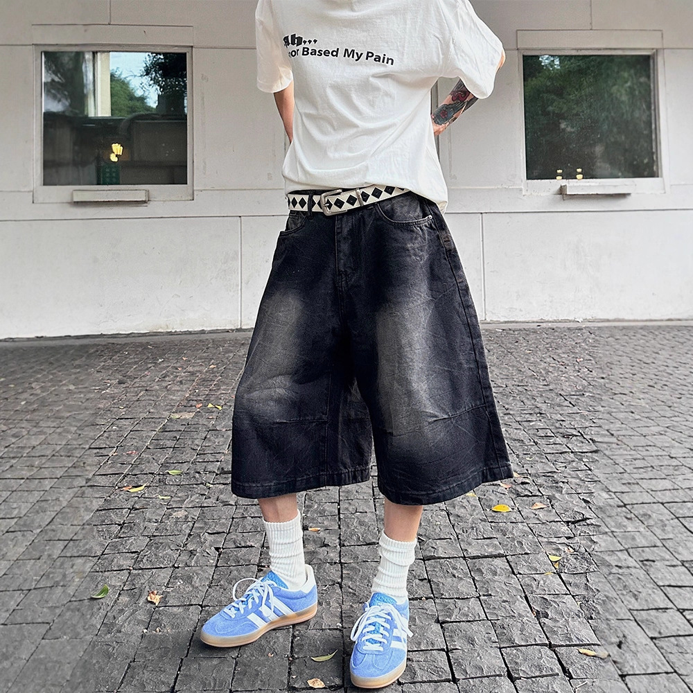 Vintage Washed Gradient Niche Loose Wide-Leg Shorts Summer Men's Jeans Slimming Versatile Cropped Pants