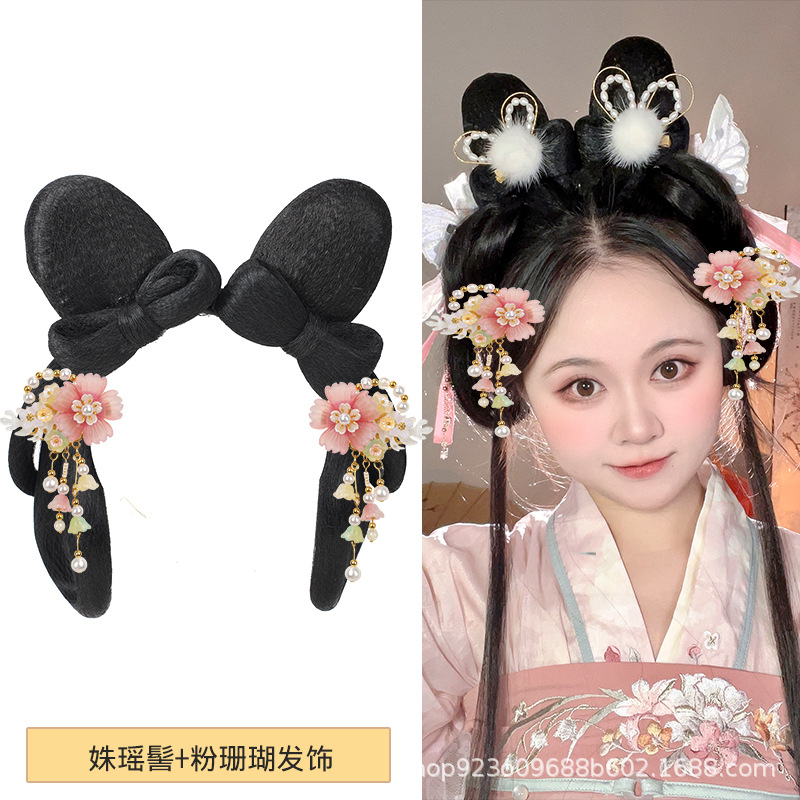 비취 토끼 꽃 요정 + 핑크 산호 헤어 액세서리