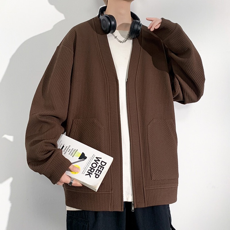 Autumn New Collarless Cardigan Sweater Knitted Jacket Men's Loose Solid Color Simple Zipper Casual Fashion Jacket