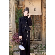 秋季新中式时尚气质民国风毛呢外套高腰显瘦半身裙子两件套女装潮