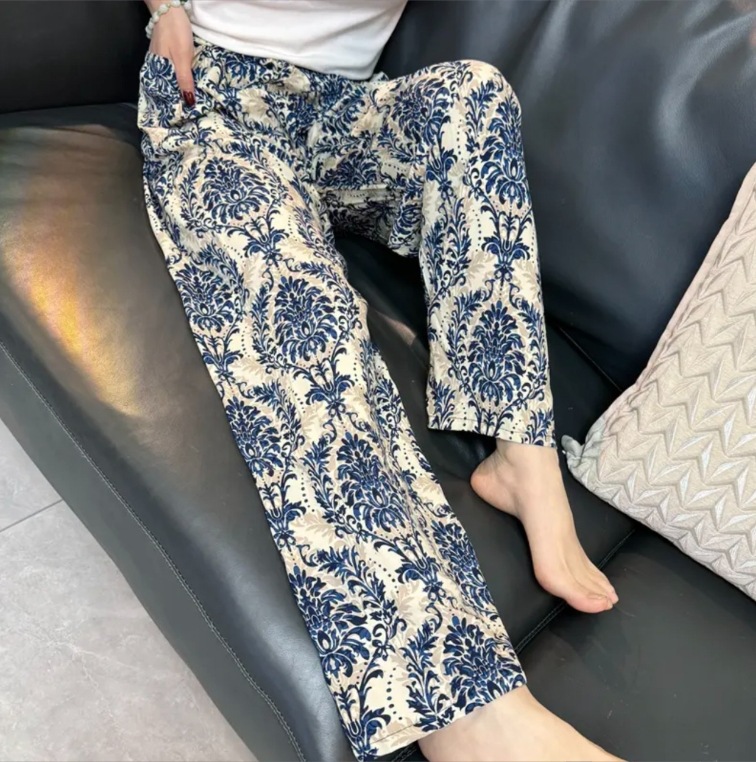 [Pantalones rectos de seda de algodón] El verano delgado de las mujeres es delgado, recto, suelto, se puede usar, protector solar, frío, pantalones de casa, pantalones de pijama
