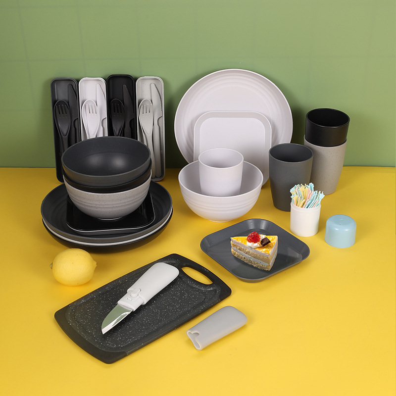 跨境 戶外野營便攜餐具 小麥秸稈盤碗杯碟水果刀叉勺砧板餐具套裝
