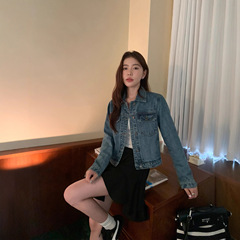 pusumede 蓝色复古牛仔外套女春秋韩版休闲百搭长袖短款夹克上衣